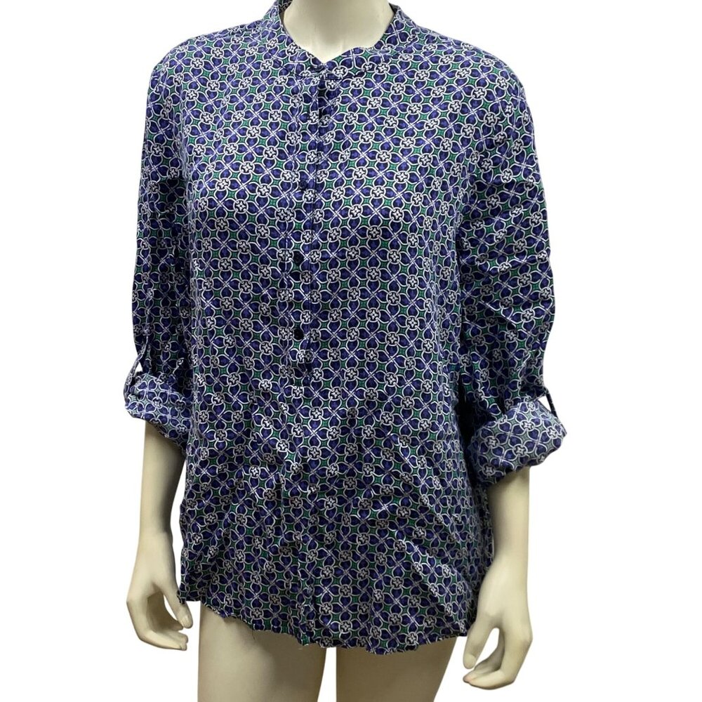 Talbots Womens Blouse Blue Green Pattern‎ Long Sleeve XL